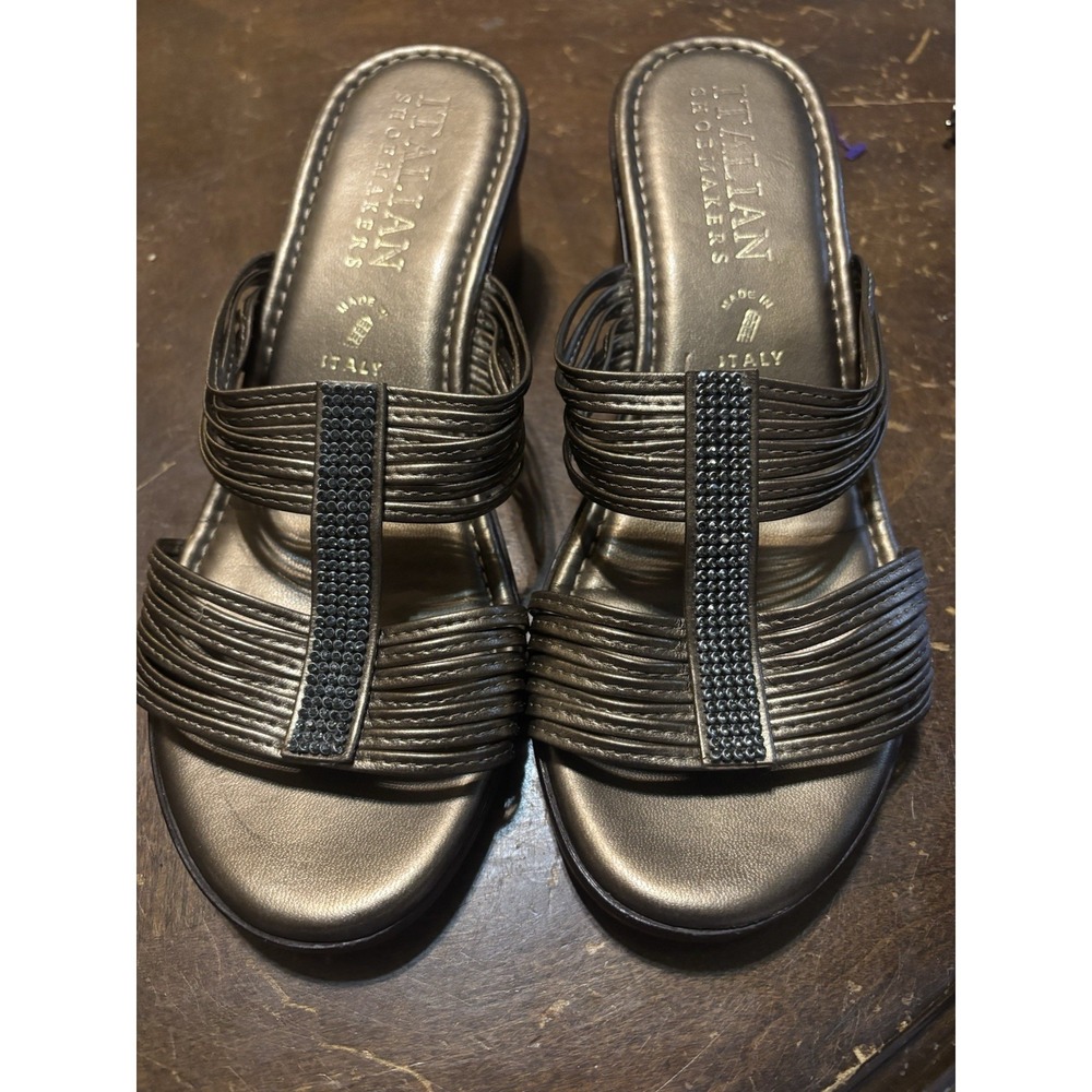 Italian Shoemakers Women's Strapy Sandals Block Heel Bronze Faux Crystals Size 7